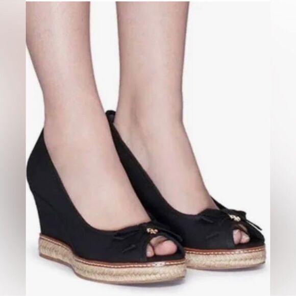 Tory Burch Jackie Peep-Toe Espadrille Wedge Shoes in Black Size 6,5 - Picture 1 of 10